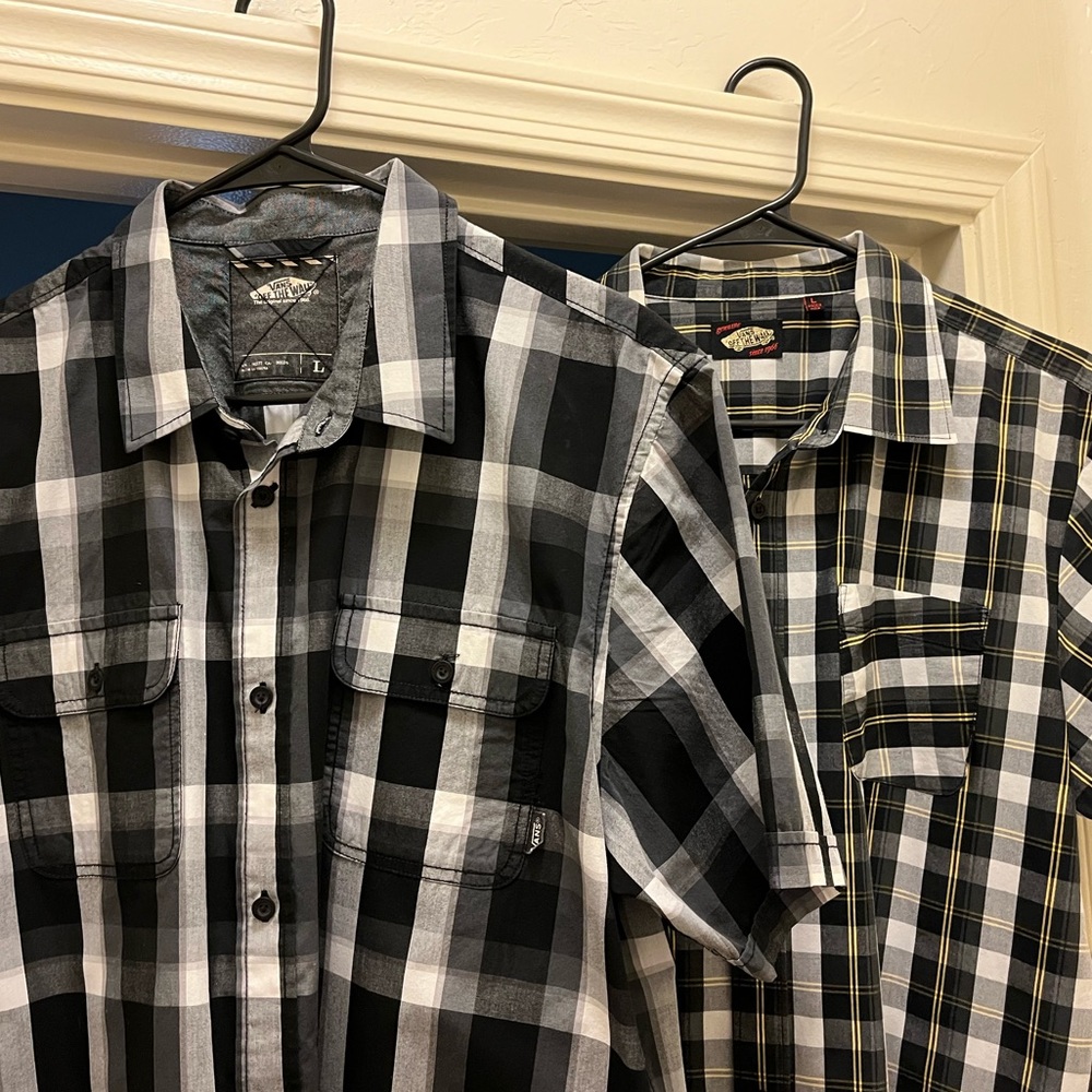 Two men’s Vans plaid button-up shirts EUC L